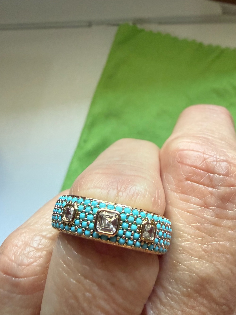 Bomb party Outlaw turquoise magnesite with diamond cubic zirconia Band Ring